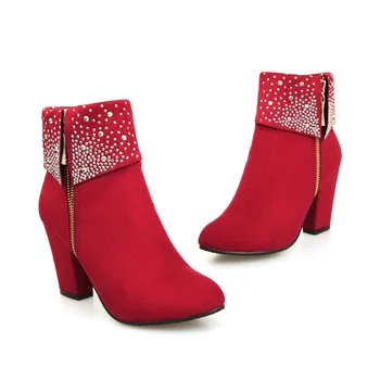 Škornji za Ženske Rdeča Kristalno Škornji Ženske Visoke Pete Zimske Čevlje Ženske Zadrgo Škornji Velikosti 34 - 43