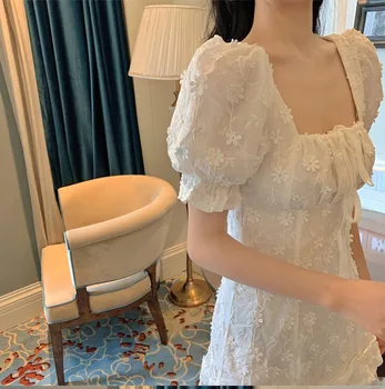 Plus velikost Ženske francoski beli cvet design kvadratnih ovratnik obleko poletje nove bele obleke