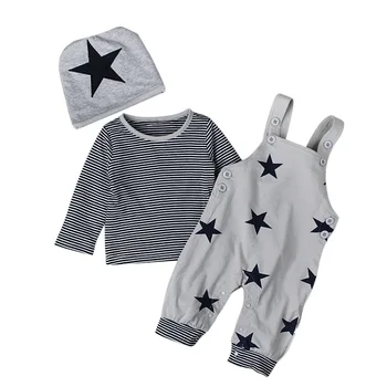 2020 Lepe Jeseni Otroška Oblačila Newborn Baby Toddler Star Dungree 3pcs Baby Set Dolg Rokav Stripe Majica+Hlače+Klobuk Otrok Set