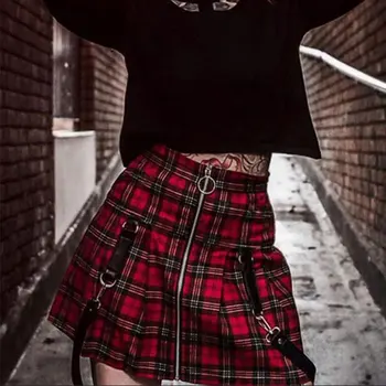 Rdeča Kariran Punk Ženska Mini Krila Lady Zip Pocket Ullzang Imperij A-line Hip-hop Sponke Ulica Priložnostne krilo Gothic Harajuku Krilo