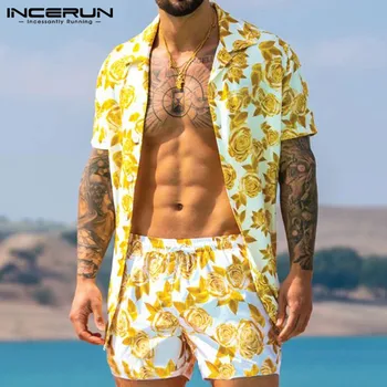 Moški Hawaiian Določa Tiskanje 2021 Poletje Kratek Rokav Gumb Majica Plaža Hlače Ulične Mens Priložnostne Obleko, 2 Kosa S-5XL INCERUN