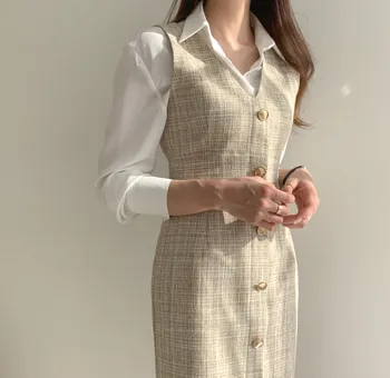 2020 Elegantna Dva Kosa Iz Ženskih Dolg Rokav Bela Bluza Majice+V Vratu Beloprsi Singl Kariran Tank Obleko Korejski Jeseni Ženska Set