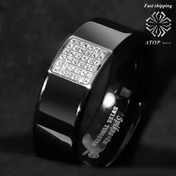 8 mm Black Volfram Prstan Srebro 925 Podolgovat 36 Diamanti VRHU Moške, Poročni prstan Prstan