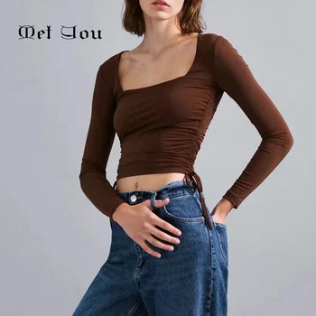 Za leto 2020, za ženske stretch kvadratnih vratu naguban vrhovi jeseni barva dolgimi rokavi kratkimi odrezana seksi puloverju MET016