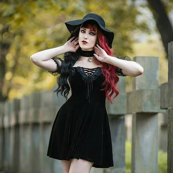 InsGoth Vintage Obleko Goth Estetske Luna Povodcem Črne Obleke Gothic Seksi Čipke Visoko Pasu Mini Obleka Y2K Božič Partywear