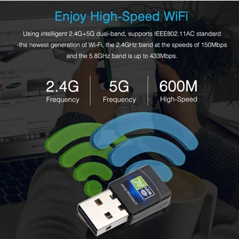 600Mbps WiFi 5 Ghz, USB Adapter Wi-Fi Dongle Omrežna Kartica Antene WiFi Sprejemnik USB in Lan Ethernet Prost Gonilnik za PC