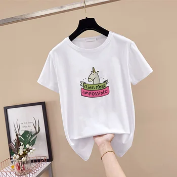 DONAMOL Plus Velikost Poletje Priložnostne ženske T-Shirt Kratek svoboden Rokav vrhovi bombaž Harajuku Samorog vzorec tiskanja tees Puloverju