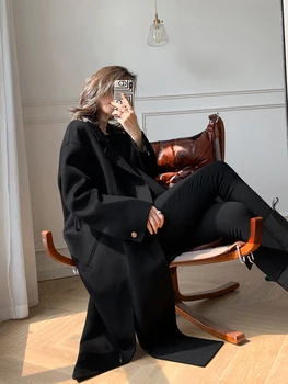 Črna Volnena Plašč Žensk Mid - dolžina 2020 Nove Jesensko Zimske Solid Black Oblazinjeni Hepburn Slog, Volna, Dlaka Outwear