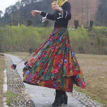 Bohemian etnične stil modni Tisk Dolgo Krilo Ženske Super stretch pasu Dame Visoko Pasu Splice Bombaž perilo A-line Krilo