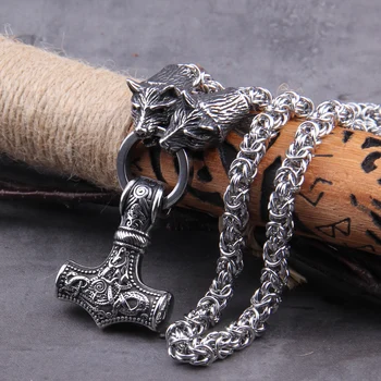 Iz nerjavečega Jekla Volk Glavo z Ročno Verigo Ogrlica thor je kladivo mjolnir viking ogrlica z leseno škatlo, kot fant darilo