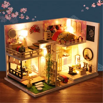 Novo DIY Lutka Hiša, Lesene Lutke Igrače z Japonske Arhitekture Puzzle Casa Arhitekturo Hiše Mininatures Igrače Za Otroke