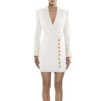 VISOKA KAKOVOST Najnovejši Modni 2020 Eleganten Oblikovalec Obleko Žensk Kovinski Gumbi Zarezo Ovratnik Slim Obleko