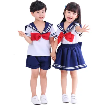 Otroci Modra Srčkan Kratkimi Rokavi Boys Girls School Uniform Mornar Obleko Za Noč Čarovnic Cosplay Kostum Colthes