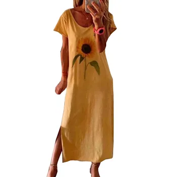 Žensk je Bohemian Sundress Poletje Obleko 2020 Kratek Rokav Sončnično Print Maxi Dolgo Obleko Priložnostne Svoboden Plaža Obleko Preprosta