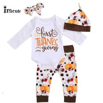 Za malčke Baby 4Pcs bo Ustrezala Nastavite Cvetlični Zahvalni Tiskanja Krog Vratu Dolg Rokav Baby Bodysuits+ Bučna Hlače+ Glavo+ Klobuk, Beli