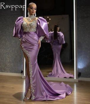 Luksuzni Dolgo Večerno Obleko 2020 Seksi Visoko Režejo Zabuhle Dolg Rokav Sparkly Srebrni Kristali Vijolično Saten Ženske Formalno Večernih Oblek