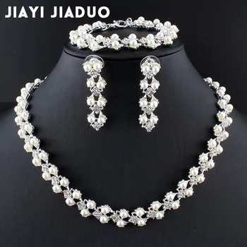 Jiayijiaduo set nakita preprosta modna imitacije pearl Srebrne barve ogrlico, zapestnico, uhane za ženske, poročni dodatki