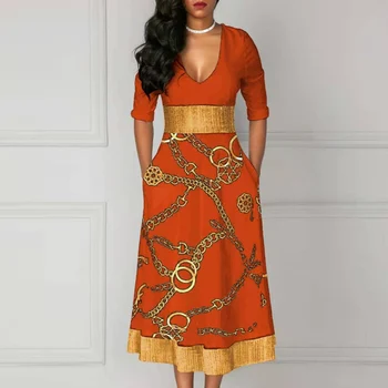 2021 Pomladni Vintage Verige Tiskanja Mozaik Stranka Obleko Ženske Elegantne Proti-Vrat Žep A-Line Obleko Urad Dama Priložnostne Dolgo Vestidos