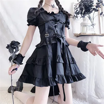 Viktorijanski Renaissance Black Gothic Lolita Obleko Japonski Dekle Letnik Punk Stil Puff Rokav Povoj Mini Obleka Ženske Obleke