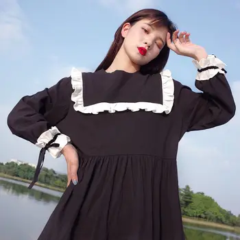 Obleka Ženske Jeseni Black Preppy Japonski Stil Počitnice Retro Simlpe Udobno A-line Mozaik Mode Dame, Vse-ujemanje Dodatki