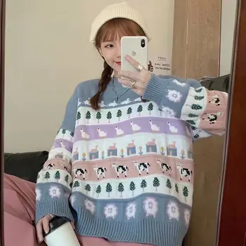 Srčkan Cartoo Živali Mbroidery 2020 ženski Pulover Kawaii Svoboden Harajuku Oblačila Za Dolg Rokav Sladko Slog Pletene Pulloer