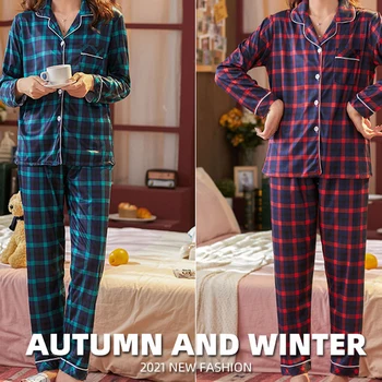 NHKDSASA Pižamo Za Ženske 2021 Svoboden Priložnostne Sleepwear Lepe Poletne Dolgimi Rokavi Ženske Pižame Kariran Hlače Dekle Pjs Homewear