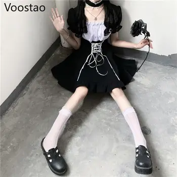 Japonski Mehko Sestra Ljubka Lolita Obleko Ženske Viktorijanski Gothic Puff Rokav Slim Stranka Obleko Retro Temno Dekleta Povoj Devica Obleke