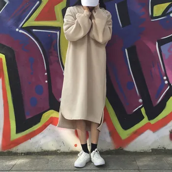 Korejski Ženske Jeseni, Pozimi Kapičastih Pulover Obleko Debel Kožuh Prevelik Priložnostne Svoboden Maxi Dolgo Hoodie Majica Črne Obleke