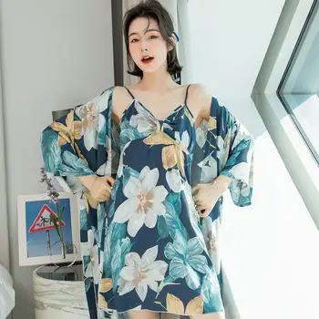 Tiskani Cvet 2PCS Haljo bo Ustrezala Seksi Dame' Sleepwear Kimono kopalni plašč Obleke Bombaž Svoboden 3PCS Intimno Perilo Poletje Nightgown